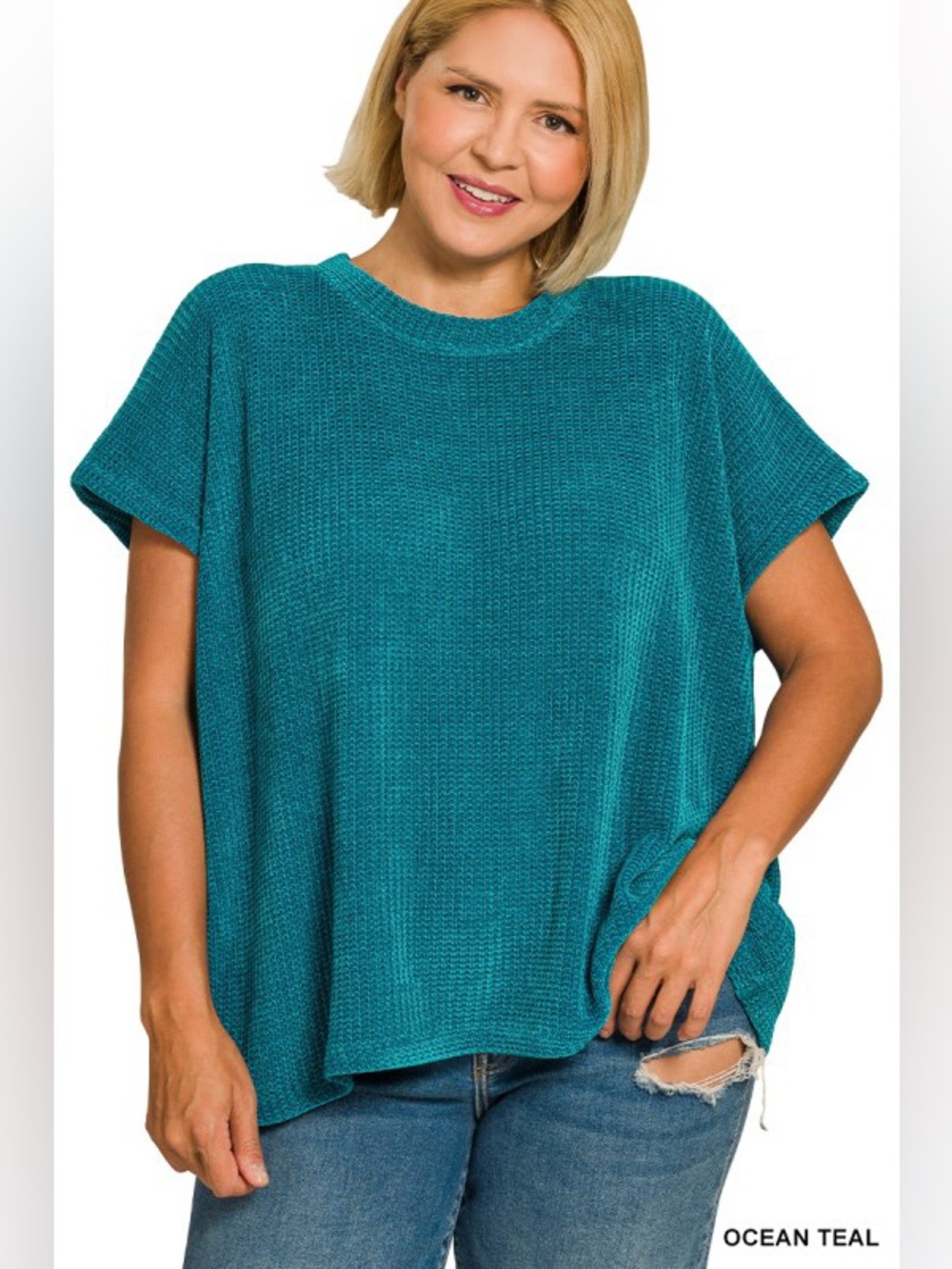 Ocean Teal Zenana PLUS CHENILLE WAFFLE CAP SLEEVE SWEATER
